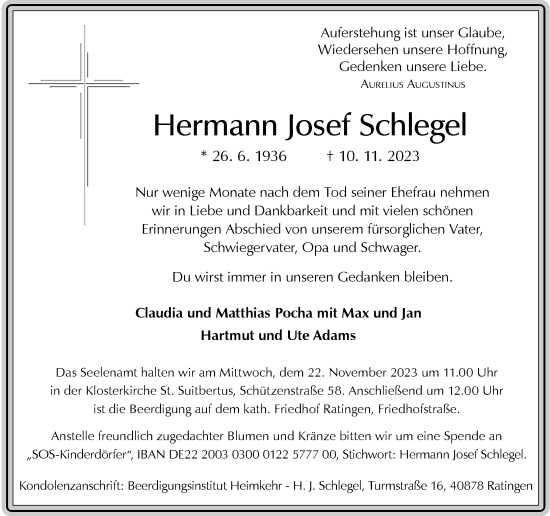 Traueranzeige von Hermann Josef Schlegel von Rheinische Post