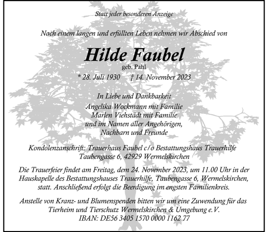 Traueranzeige von Hilde Faubel von Rheinische Post