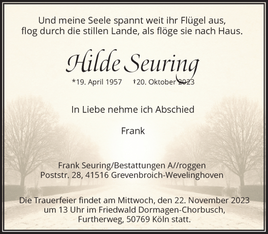 Traueranzeige von Hilde Seuring von Rheinische Post