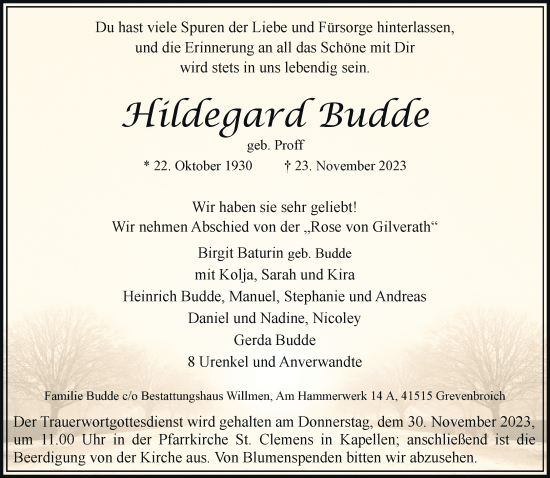 Traueranzeige von Hildegard Budde von Rheinische Post