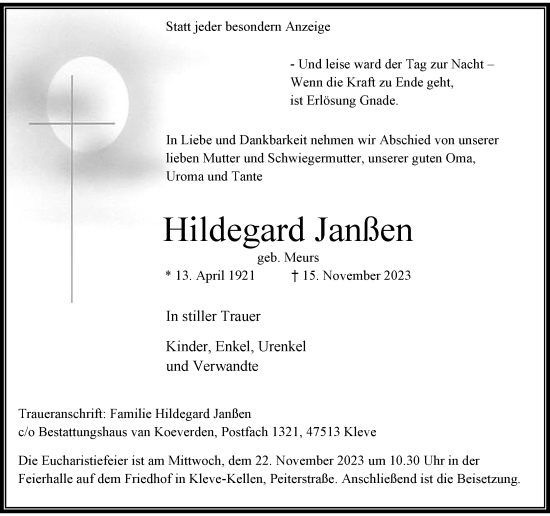Traueranzeige von Hildegard Janßen von Rheinische Post