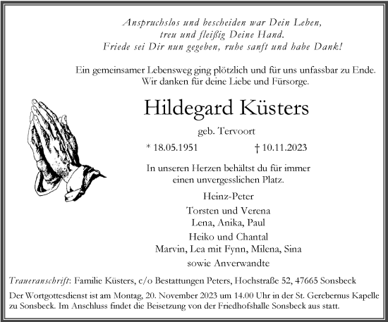 Traueranzeige von Hildegard Küsters von Rheinische Post