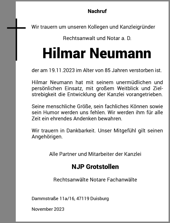Traueranzeige von Hilmar Neumann von Rheinische Post