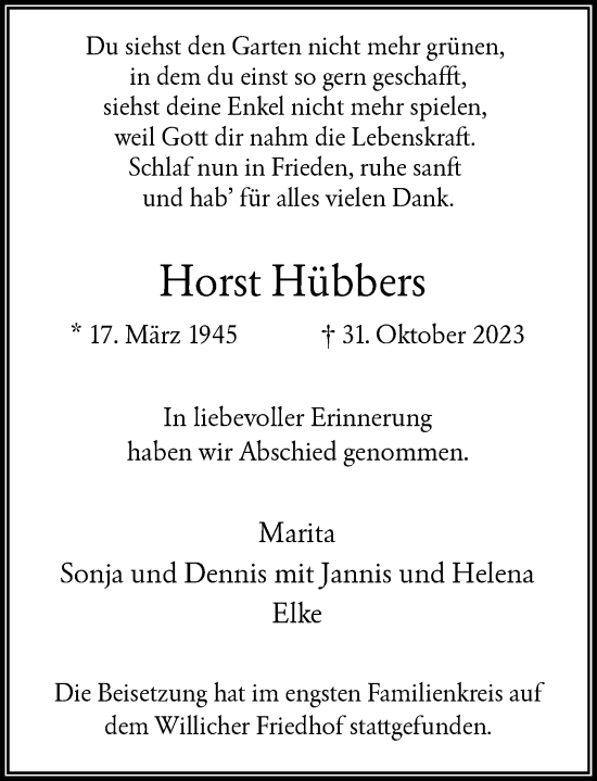 Traueranzeige von Horst Hübbers von Rheinische Post