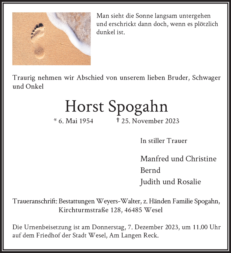  Traueranzeige für Horst Spogahn vom 02.12.2023 aus Rheinische Post