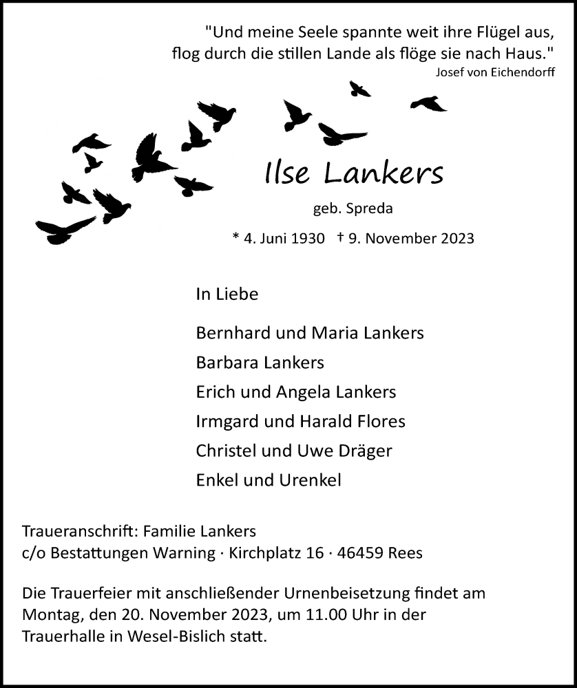  Traueranzeige für Ilse Lankers vom 15.11.2023 aus Rheinische Post