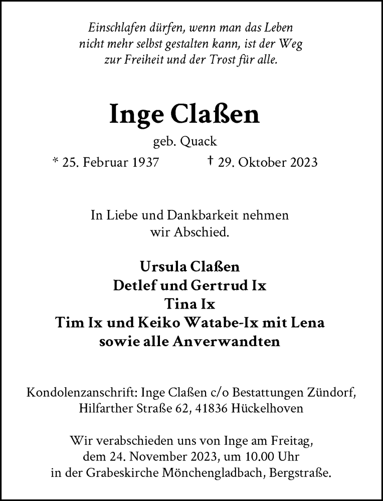 Traueranzeige für Inge Claßen vom 17.11.2023 aus Rheinische Post