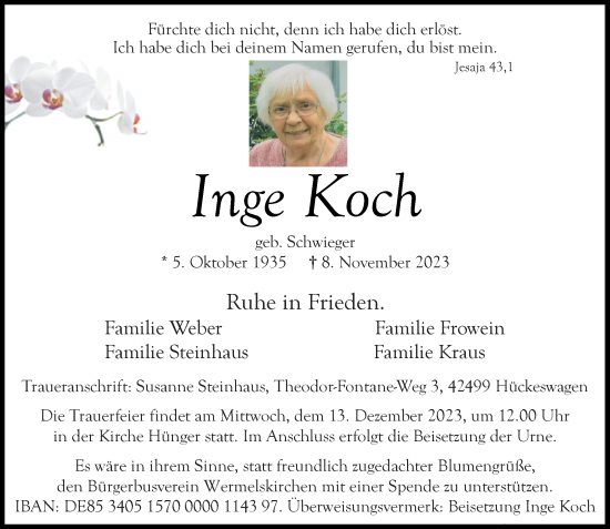 Traueranzeige von Inge Koch von Rheinische Post