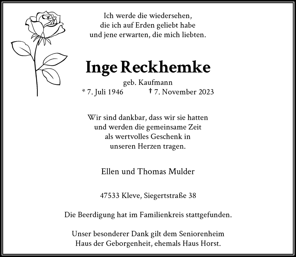  Traueranzeige für Inge Reckhemke vom 25.11.2023 aus Rheinische Post