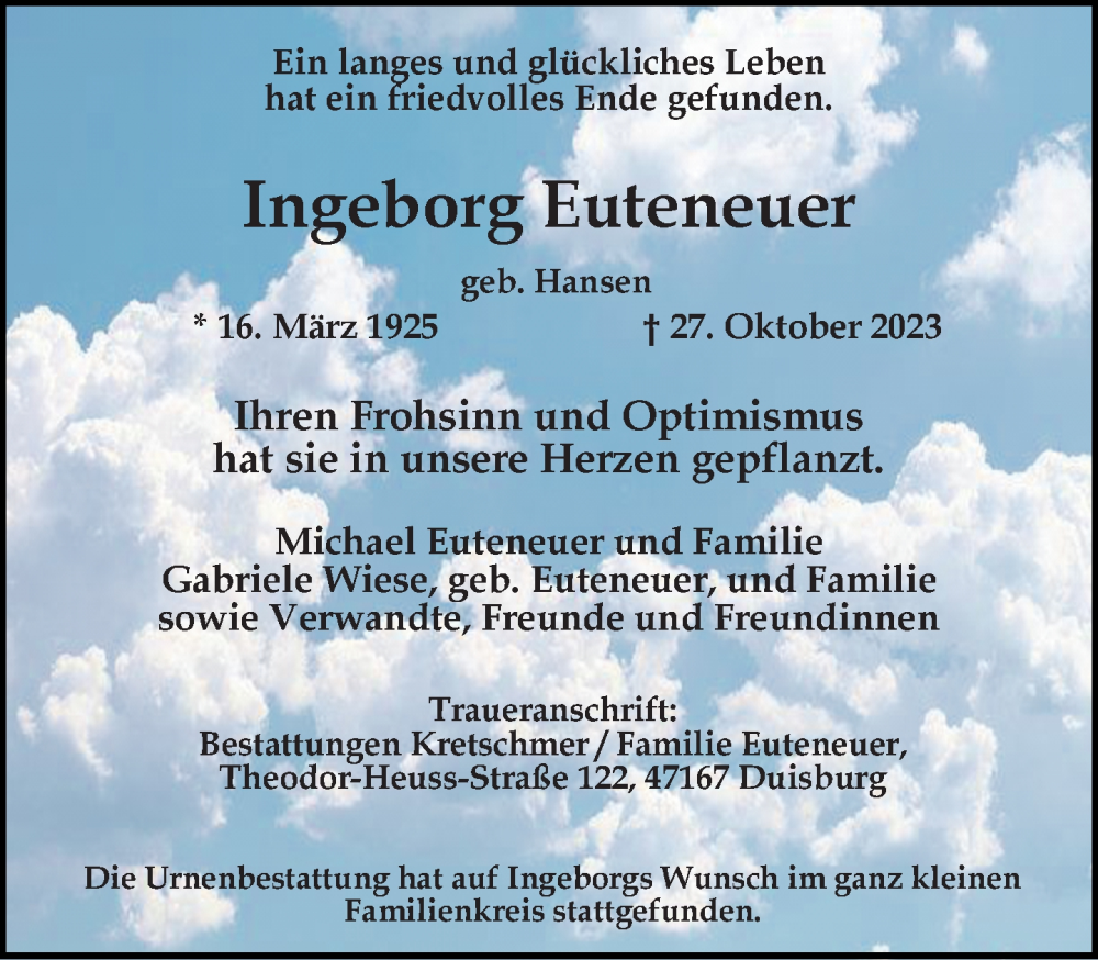  Traueranzeige für Ingeborg Euteneuer vom 18.11.2023 aus Rheinische Post
