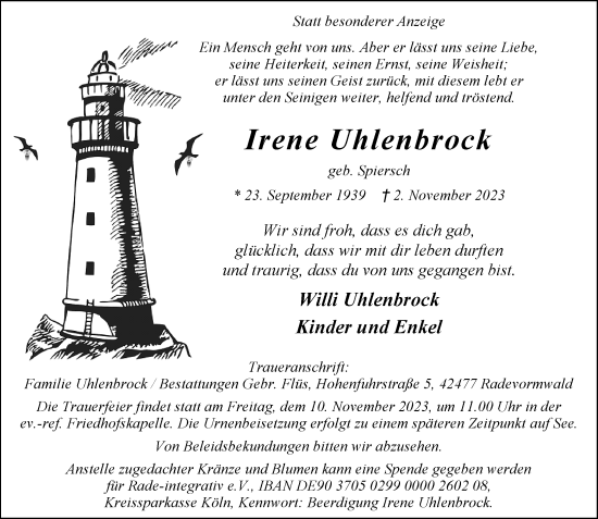 Traueranzeige von Irene Uhlenbrock von Rheinische Post