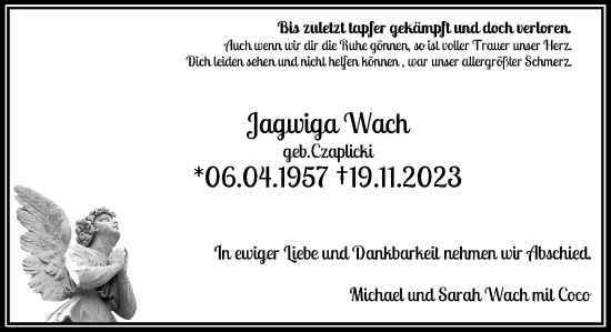 Traueranzeige von Jagwiga Wach von Rheinische Post