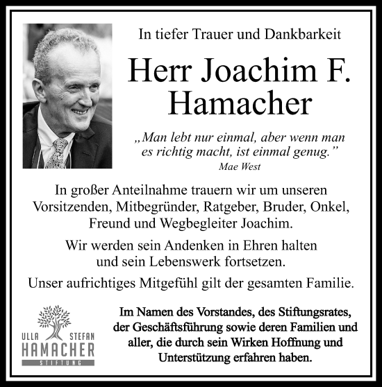 Traueranzeige von Joachim Hamacher von Rheinische Post