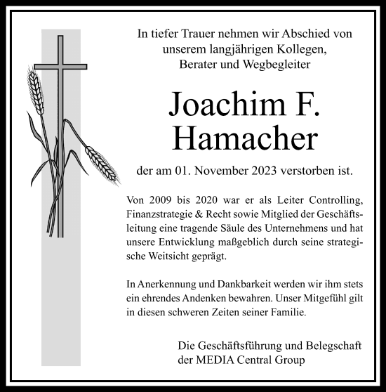 Traueranzeige von Joachim  Hamacher von Rheinische Post