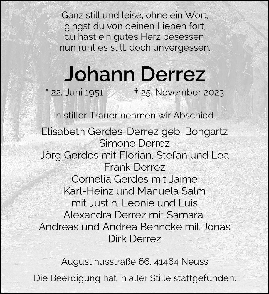  Traueranzeige für Johann Derrez vom 02.12.2023 aus Rheinische Post
