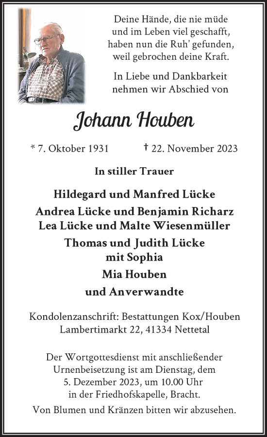 Traueranzeige von Johann Houben von Rheinische Post