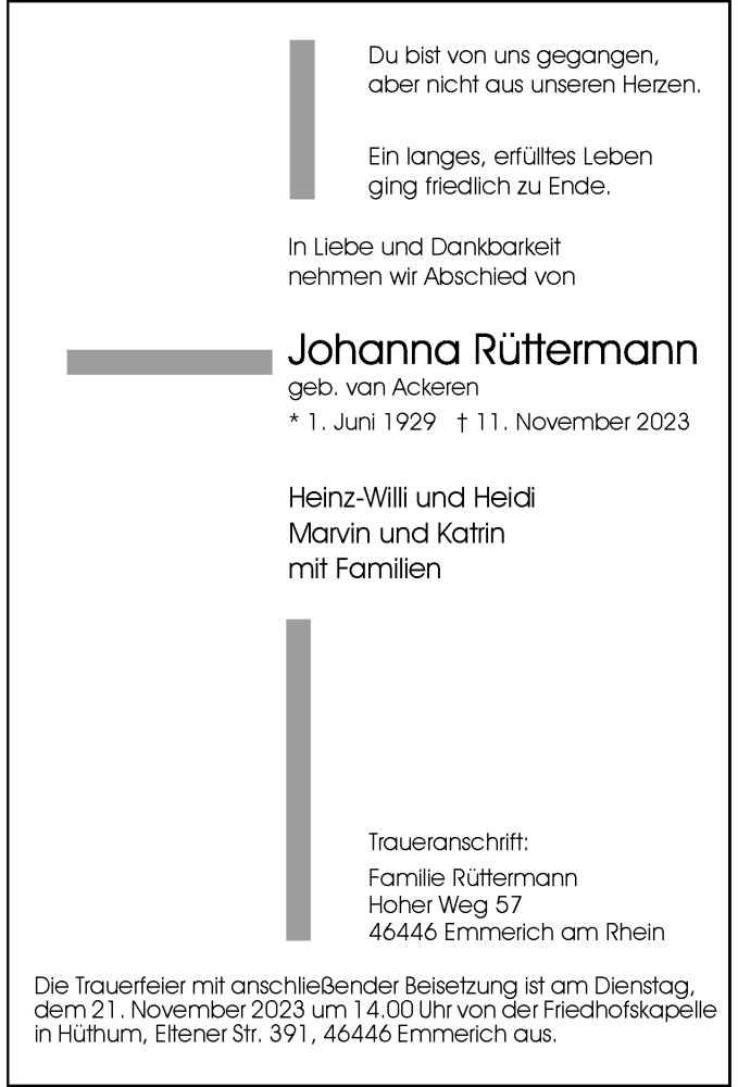  Traueranzeige für Johanna Rüttermann vom 17.11.2023 aus Rheinische Post