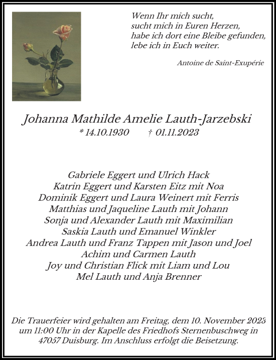 Traueranzeige von Johanna Mathilde Amelie Lauth-Jarzebski von Rheinische Post