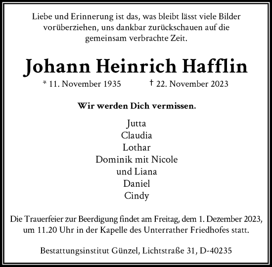 Traueranzeige von Johann Heinrich Hafflin von Rheinische Post