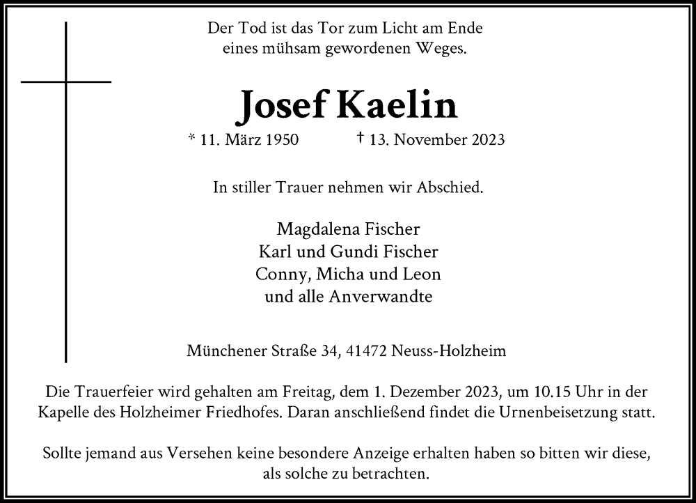  Traueranzeige für Josef Kaelin vom 28.11.2023 aus Rheinische Post