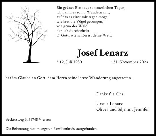 Traueranzeige von Josef Lenarz von Rheinische Post