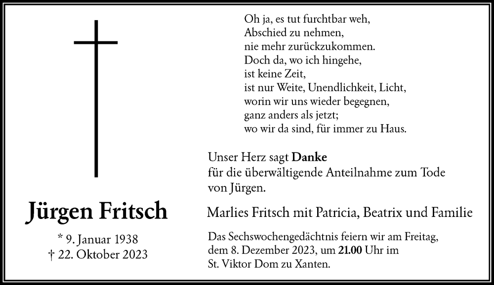  Traueranzeige für Jürgen Fritsch vom 02.12.2023 aus Rheinische Post