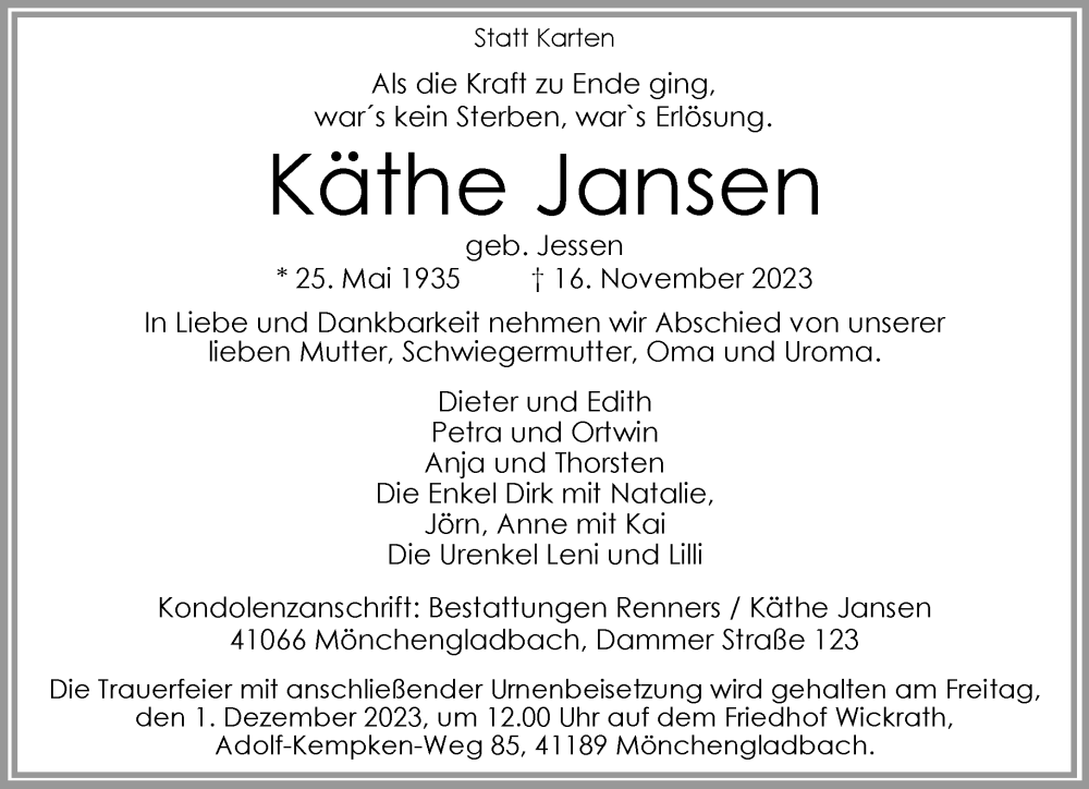  Traueranzeige für Käthe Jansen vom 25.11.2023 aus Rheinische Post