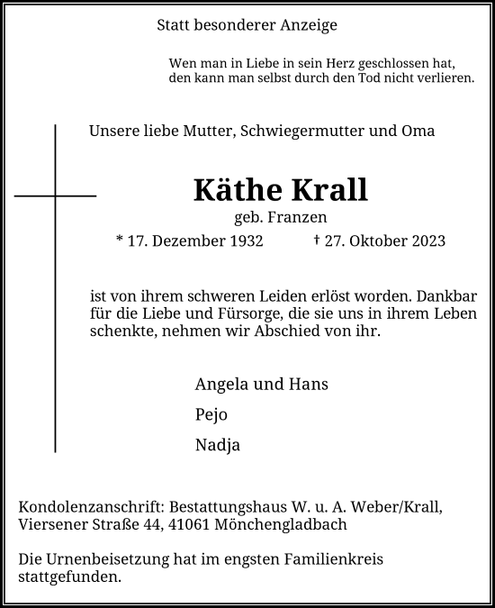 Traueranzeige von Käthe Krall von Rheinische Post