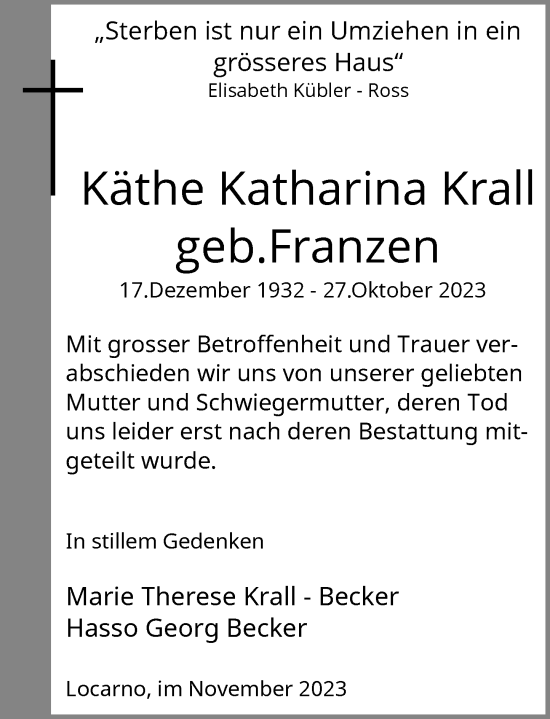 Traueranzeige von Käthe Katharina Krall von Rheinische Post