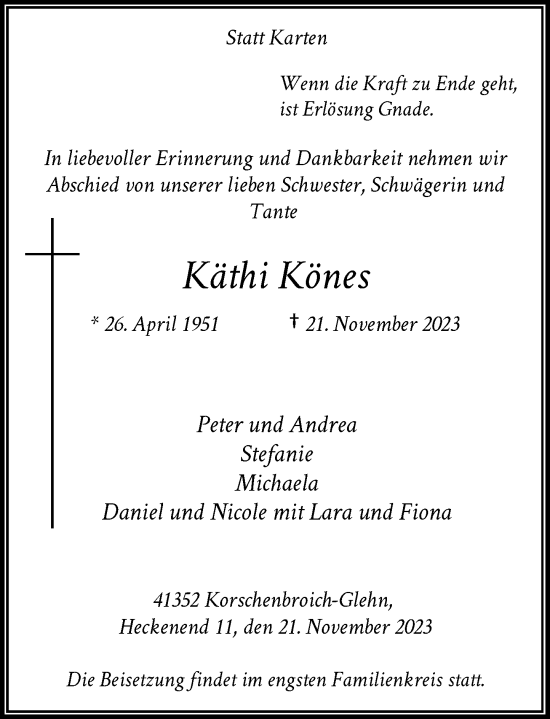 Traueranzeige von Käthi Könes von Rheinische Post