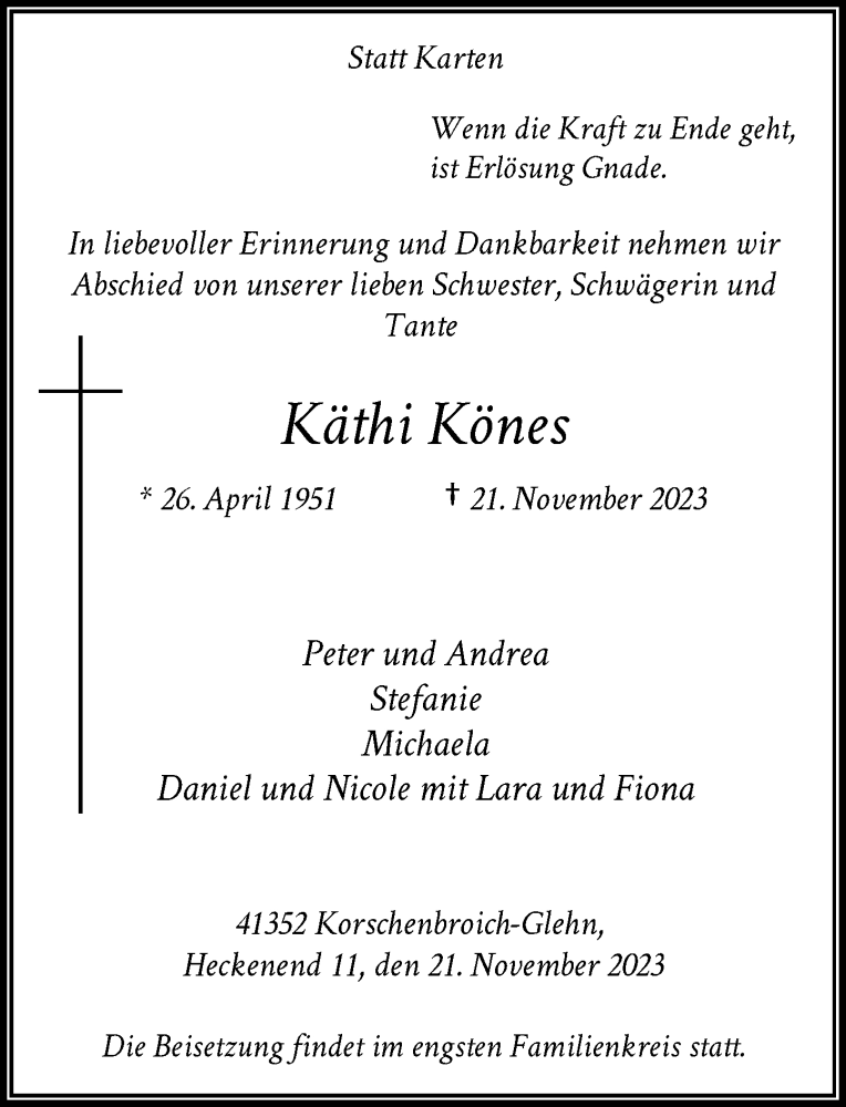  Traueranzeige für Käthi Könes vom 25.11.2023 aus Rheinische Post