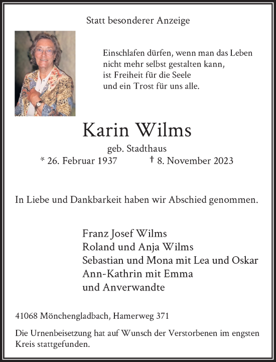 Traueranzeige von Karin Wilms von Rheinische Post