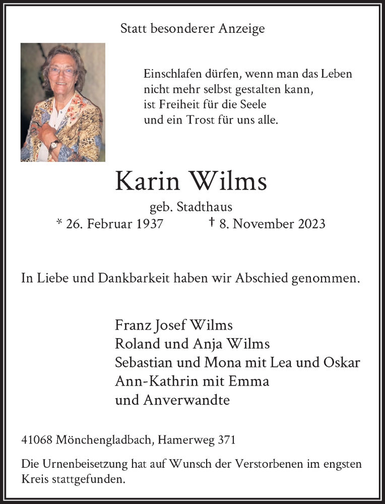  Traueranzeige für Karin Wilms vom 25.11.2023 aus Rheinische Post