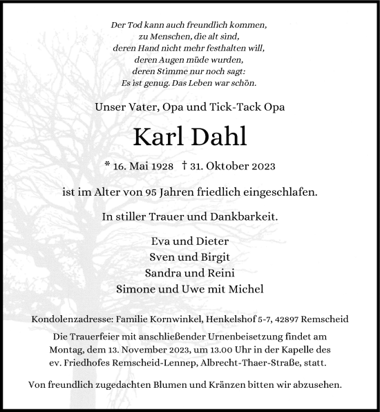 Traueranzeige von Karl Dahl von Rheinische Post
