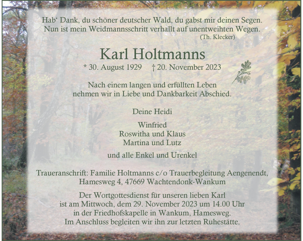  Traueranzeige für Karl Holtmanns vom 25.11.2023 aus Rheinische Post