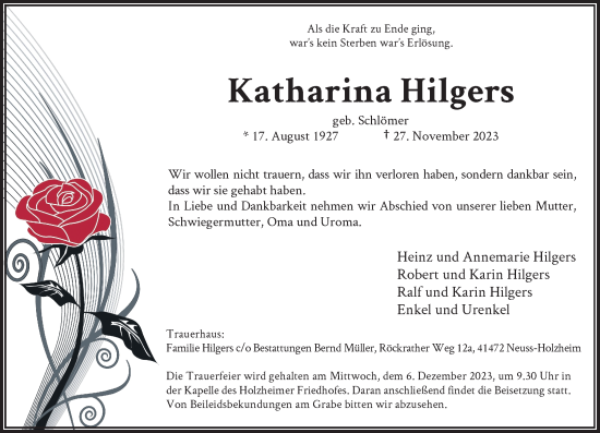 Traueranzeige von Katharina Hilgers von Rheinische Post