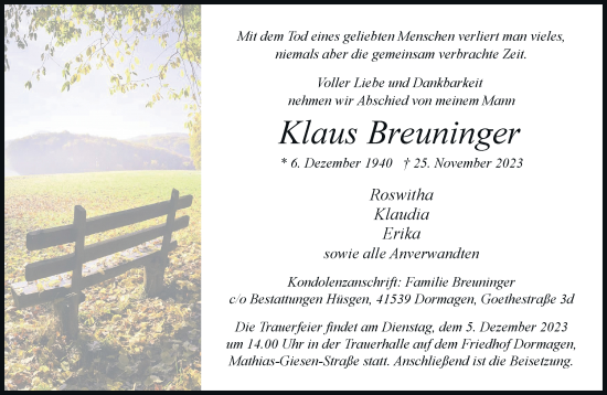 Traueranzeige von Klaus Breuninger von Rheinische Post