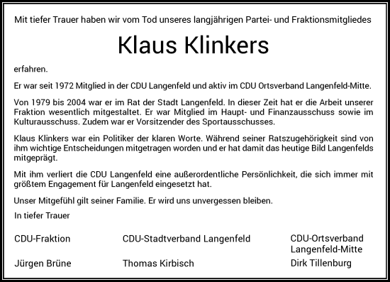 Traueranzeige von Klaus Klinkers von Rheinische Post