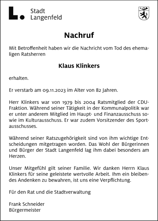 Traueranzeige von Klaus Klinkers von Rheinische Post