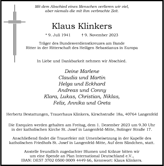 Traueranzeige von Klaus Klinkers von Rheinische Post