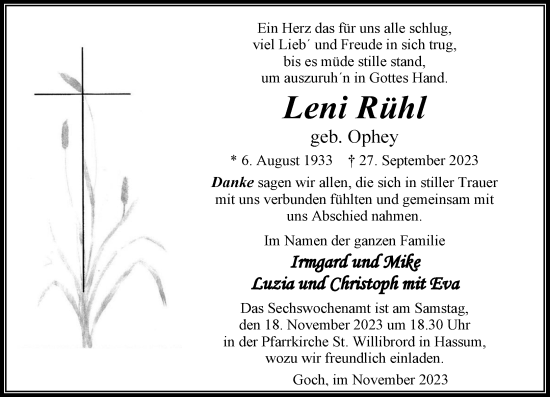 Traueranzeige von Leni Rühl von Rheinische Post