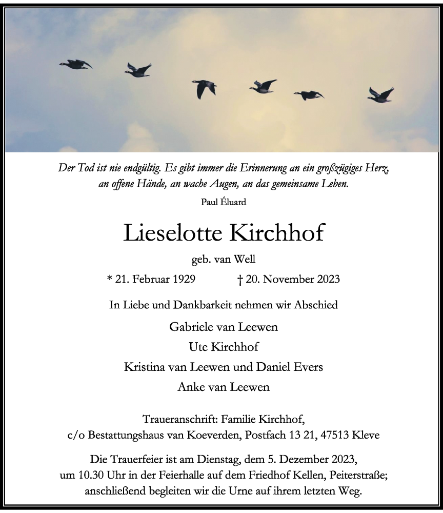  Traueranzeige für Lieselotte Kirchhof vom 29.11.2023 aus Rheinische Post
