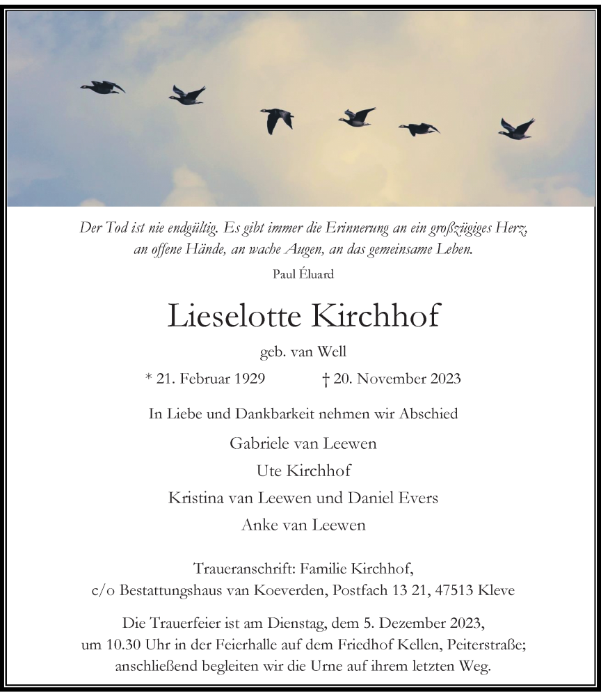  Traueranzeige für Lieselotte Kirchhof vom 25.11.2023 aus Rheinische Post