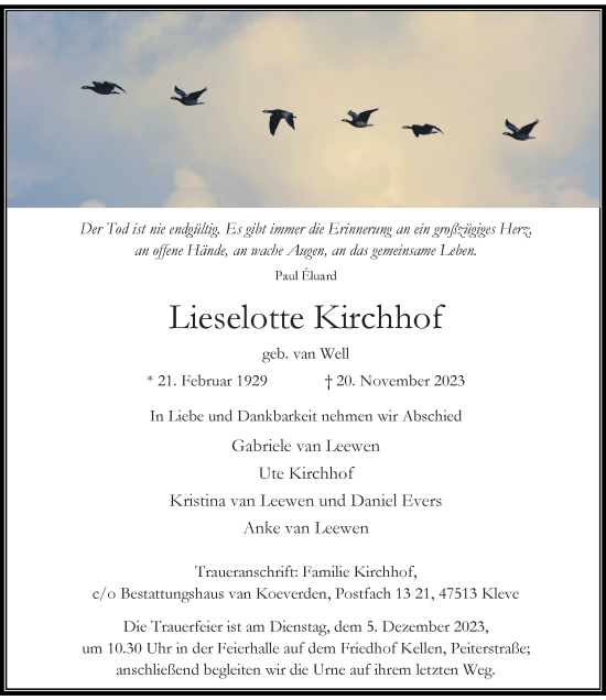 Traueranzeige von Lieselotte Kirchhof von Rheinische Post