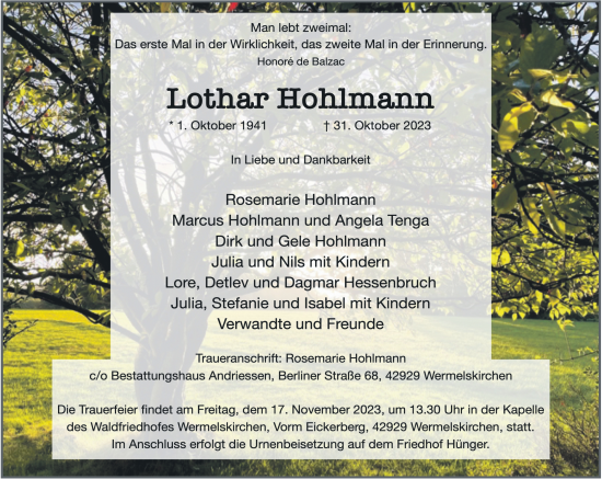 Traueranzeige von Lothar Hohlmann von Rheinische Post