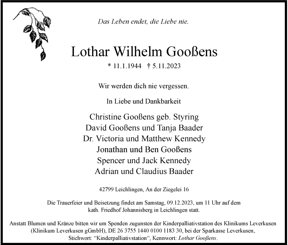  Traueranzeige für Lothar Wilhelm Gooßens vom 25.11.2023 aus Rheinische Post