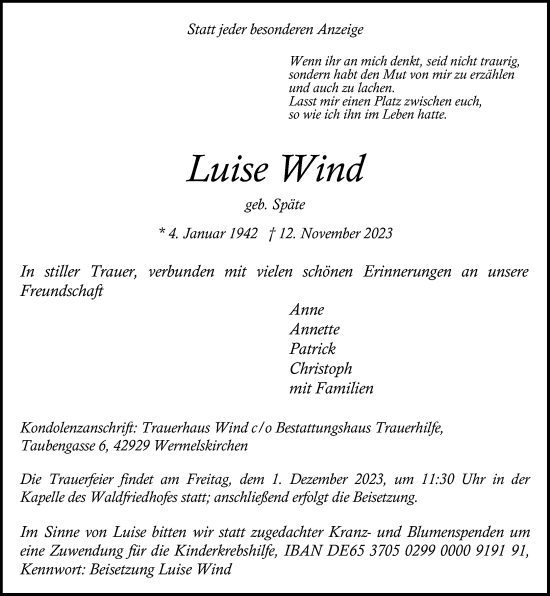 Traueranzeige von Luise Wind von Rheinische Post