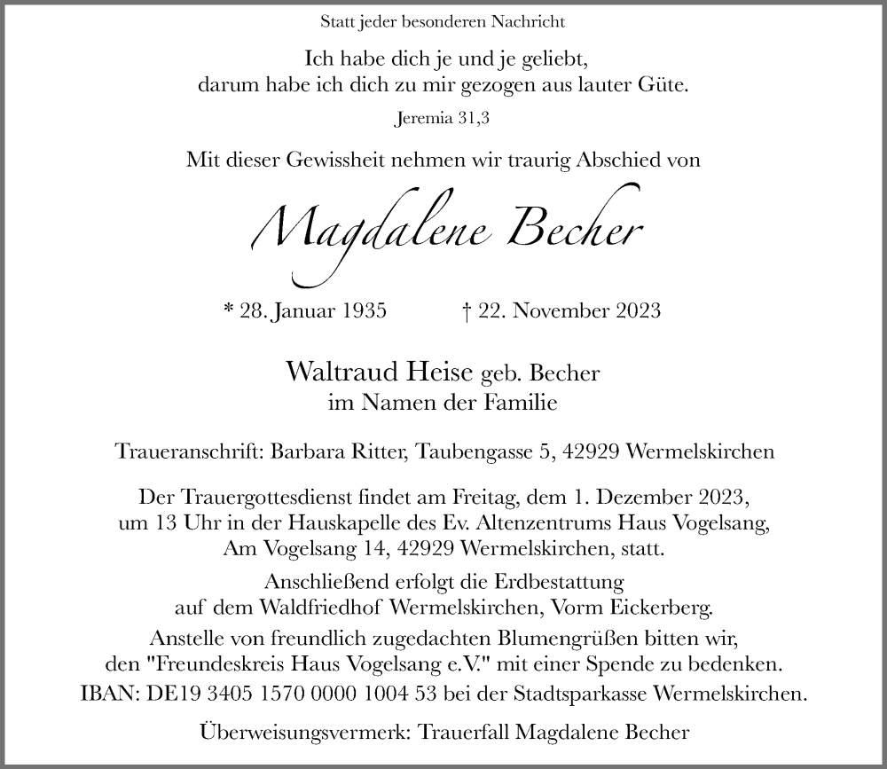  Traueranzeige für Magdalene Becher vom 25.11.2023 aus Rheinische Post