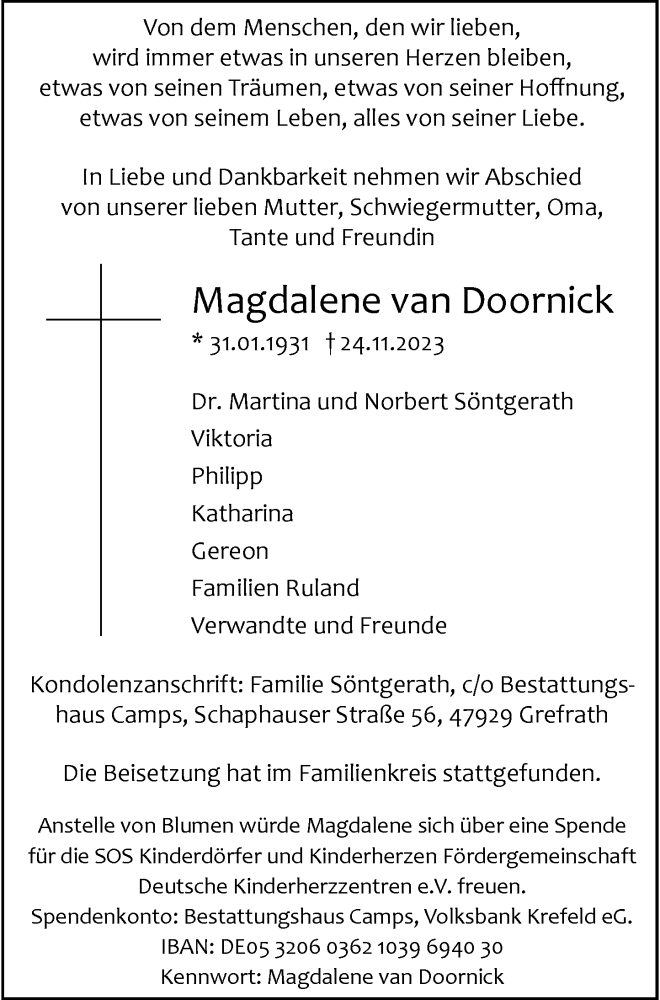  Traueranzeige für Magdalene van Doornick vom 02.12.2023 aus Rheinische Post