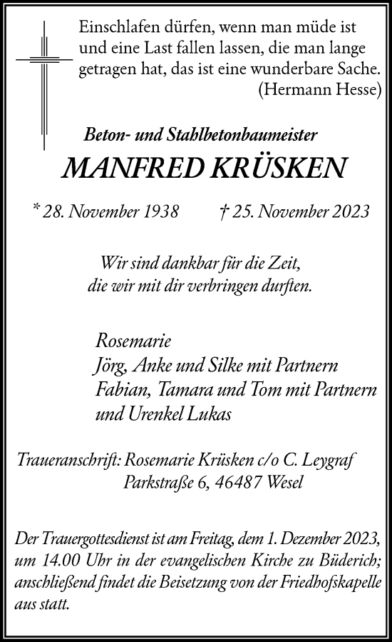Traueranzeige von Manfred Krüsken von Rheinische Post